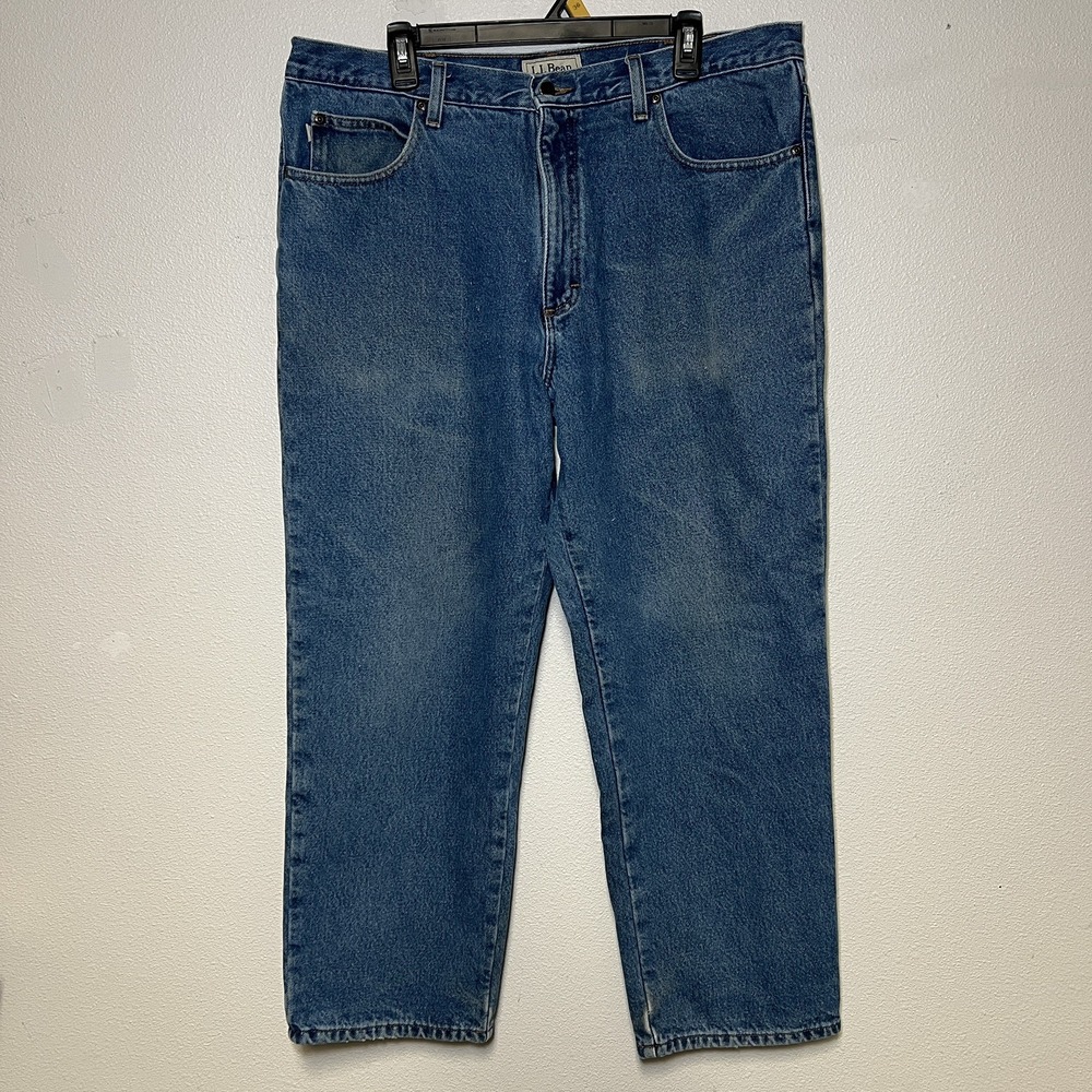 Vintage L.L. Bean Plaid Flannel Lined Blue Denim Jeans Mens Sz 38x29 Classic Fit